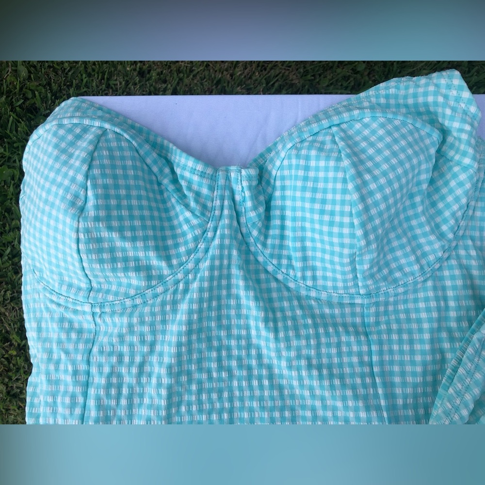 Forever 21 one piece suit with skirt cover up in Aqua Gingham
